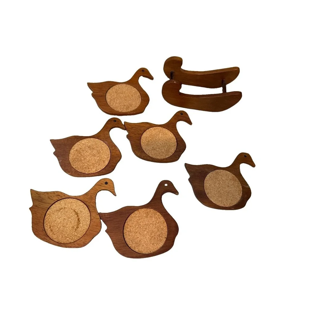 Vintage Wood Cork Chicken Ducks Geese Coaster Set Of 6 With Rack Holder *Flaw